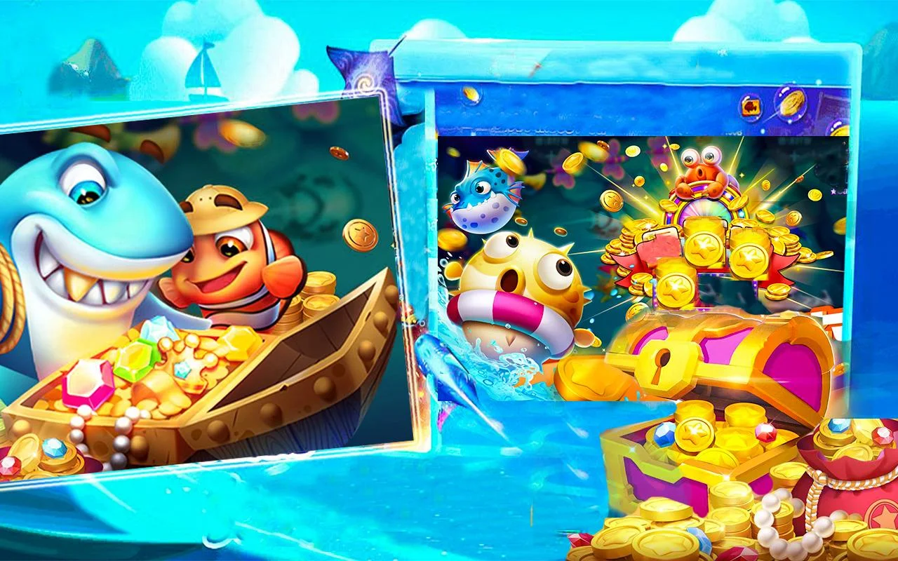 ฉากเกมยิงปลาพร้อมเป้าหมายใต้น้ำและปุ่มปืนใหญ่